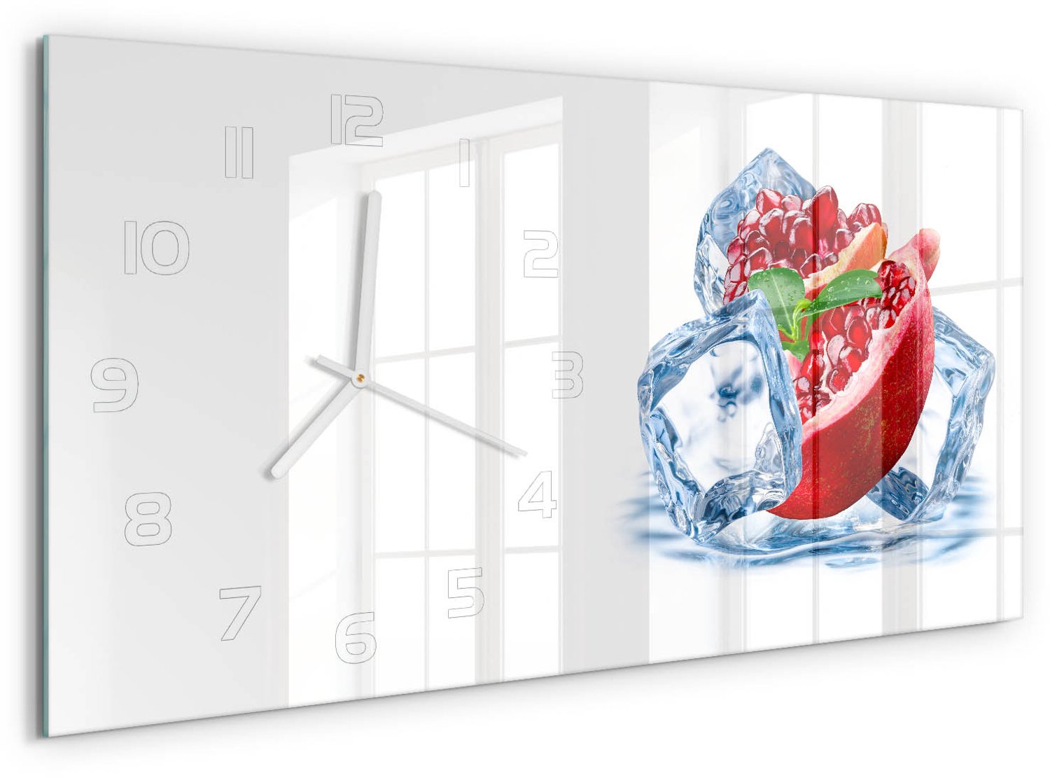 TULUP Wandklok - IJsgranaat Decoratieve Glazen Klok - 60x30 cm - Rood Glazen Wandklok Design - Witte handen - Rechthoekige Klok - Glazen Klok Met Print - Wandklok Glas Met Motief