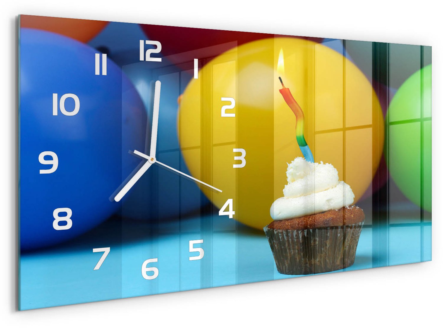 TULUP Wandklok - Verjaardagscupcake Gekleurde Glazen Klok - 60x30 cm - Veelkleurig Glazen Klok Met Print - Witte handen - Rechthoekige Klok - Moderne Wandklok Glas - Wandklok Glas Decoratie