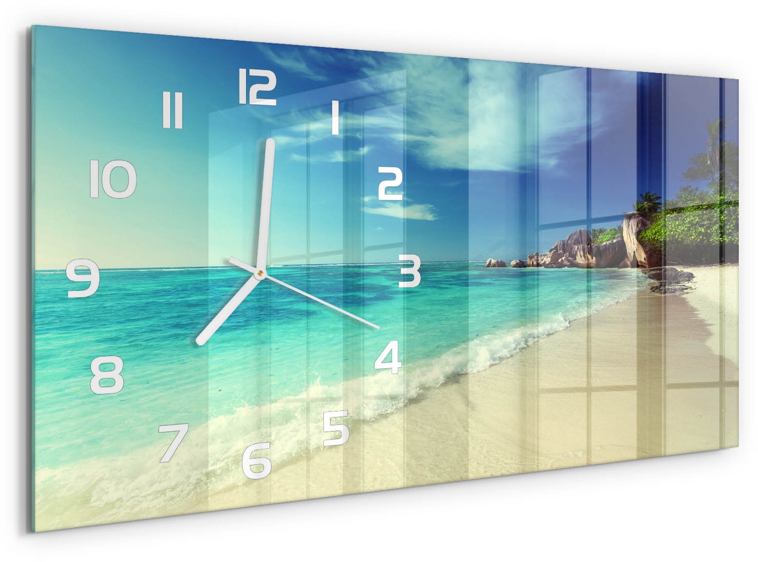 TULUP Wandklok - strand op de Seychellen Decoratieve Glazen Klok - 60x30 cm - Blauw Glazen Wandklok Design - Witte handen - Rechthoekige Klok - Glazen Klok Met Print - Wandklok Glas Met Motief