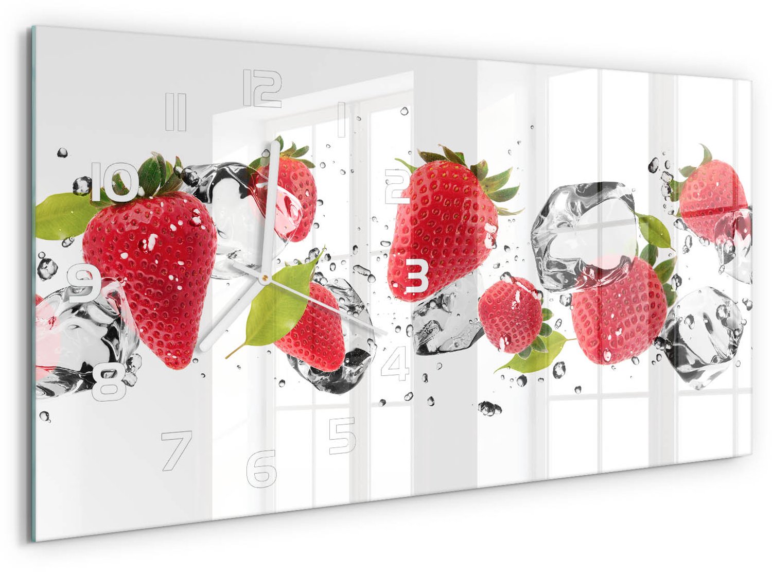TULUP Wandklok - Aardbeien en water Decoratieve Glazen Klok - 60x30 cm - Rood Glazen Wandklok Design - Witte handen - Rechthoekige Klok - Glazen Klok Met Print - Wandklok Glas Met Motief