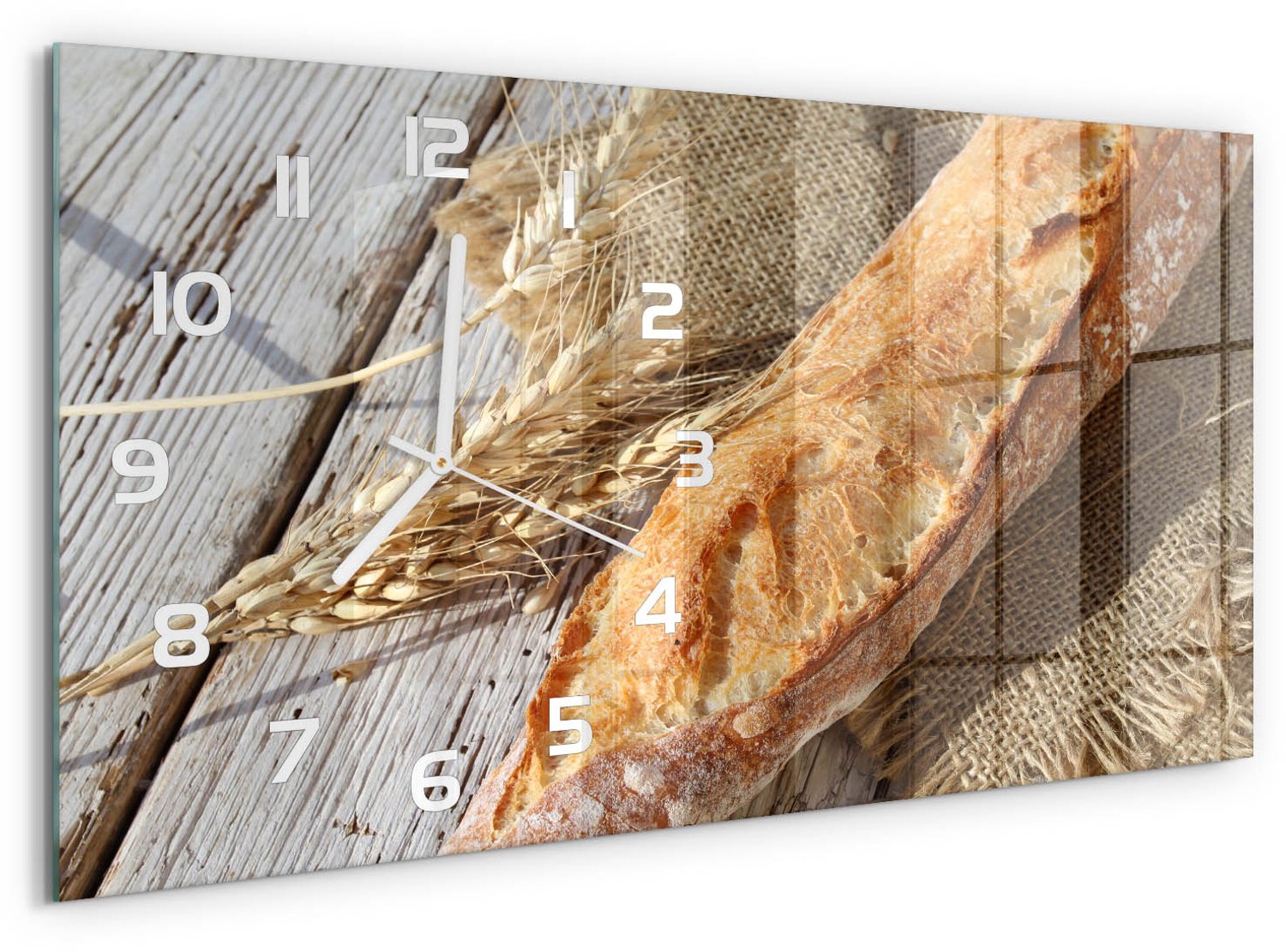 TULUP Wandklok - Verse baguette Glazen Wandklok Design - 60x30 cm - Beige Klok Glas Met Opdruk - Witte handen - Rechthoekige Klok - Wandklok Glas Met Motief - Decoratieve Glazen Klok