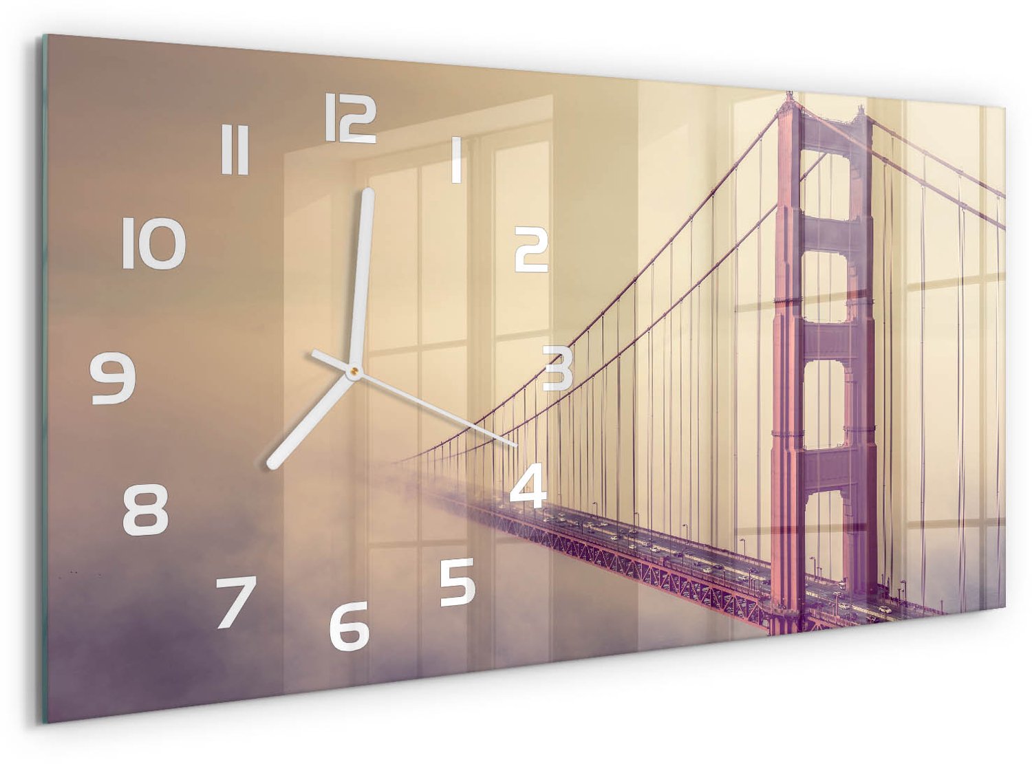 TULUP Wandklok - San Francisco-brug Decoratieve Glazen Klok - 60x30 cm - Rood Glazen Wandklok Design - Witte handen - Rechthoekige Klok - Glazen Klok Met Print - Wandklok Glas Met Motief