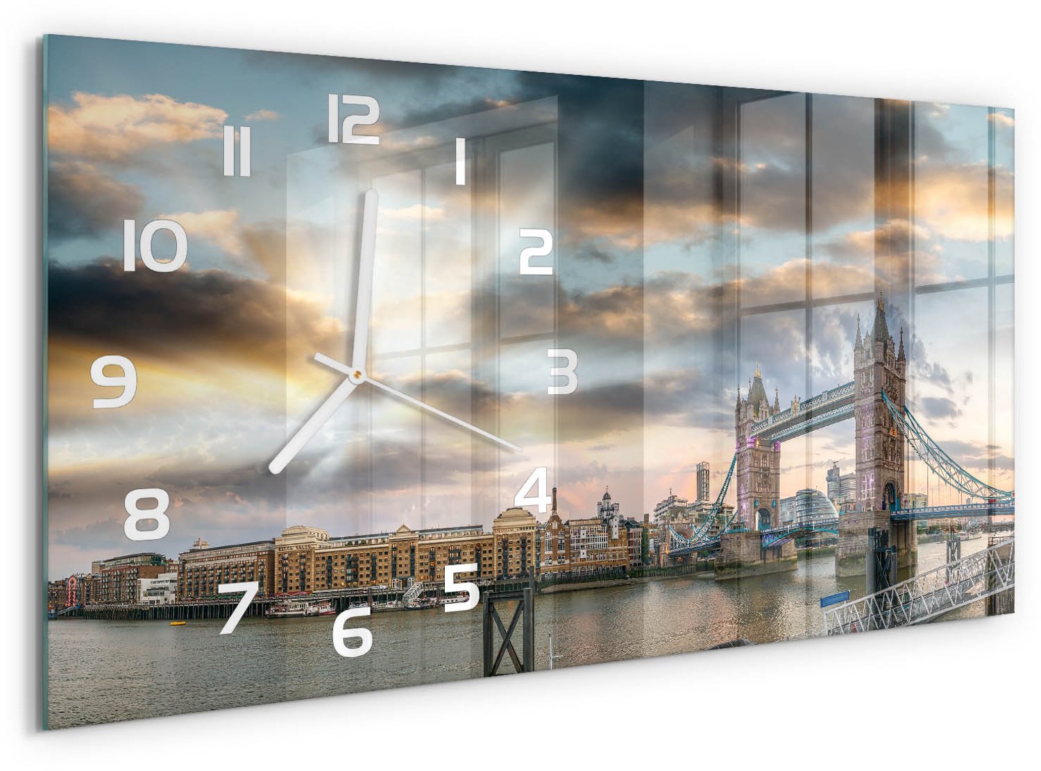 TULUP Wandklok - Tower Bridge Londen Gekleurde Glazen Klok - 60x30 cm - Veelkleurig Glazen Klok Met Print - Witte handen - Rechthoekige Klok - Moderne Wandklok Glas - Wandklok Glas Decoratie
