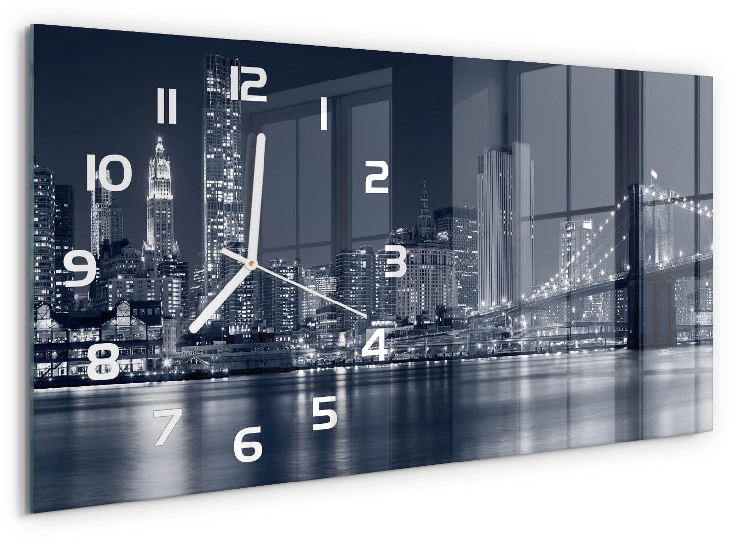 TULUP Wandklok - Manhattan, New York Wandklok Glas Met Motief - 60x30 cm - Grijs Decoratieve Glazen Klok - Witte handen - Rechthoekige Klok - Gekleurde Glazen Klok - Glazen Klok Met Print