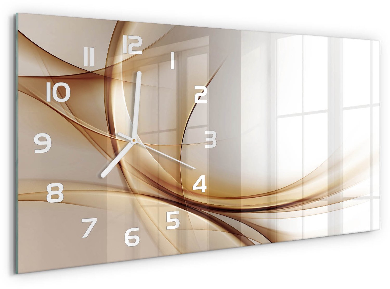 TULUP Wandklok - Golfabstractie Decoratieve Glazen Klok - 60x30 cm - Beige Glazen Wandklok Design - Witte handen - Rechthoekige Klok - Glazen Klok Met Print - Wandklok Glas Met Motief