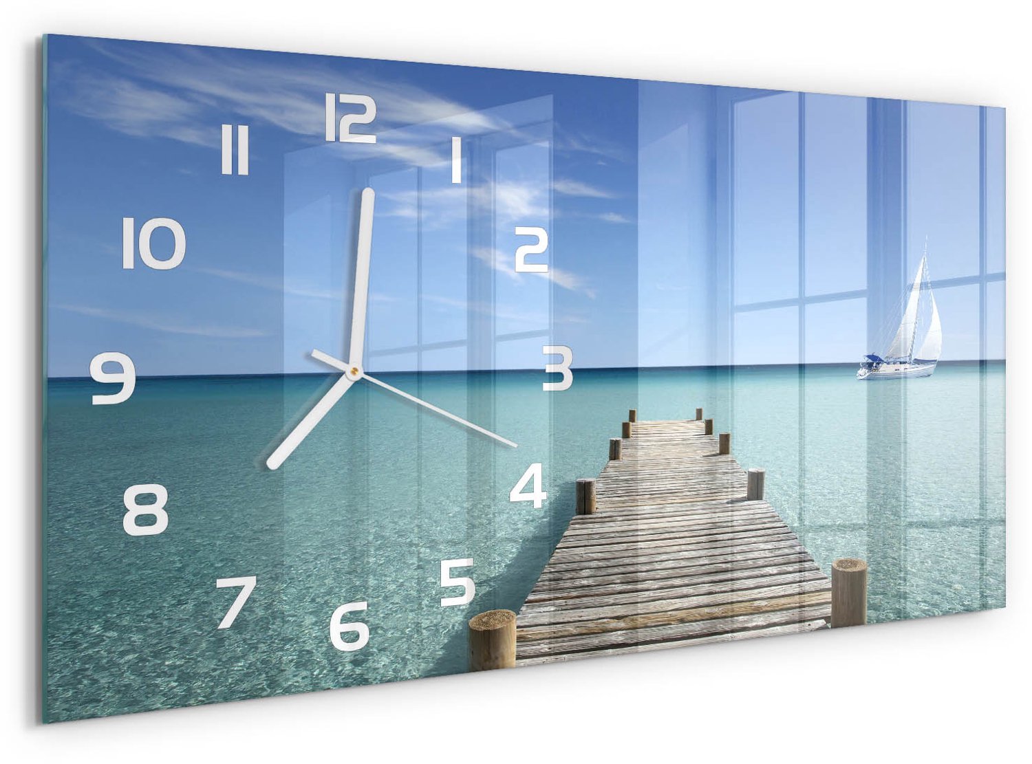 TULUP Wandklok - Houten brug Klok Glas Met Opdruk - 60x30 cm - Blauw Moderne Wandklok Glas - Witte handen - Rechthoekige Klok - Decoratieve Glazen Klok - Glazen Wandklok Design