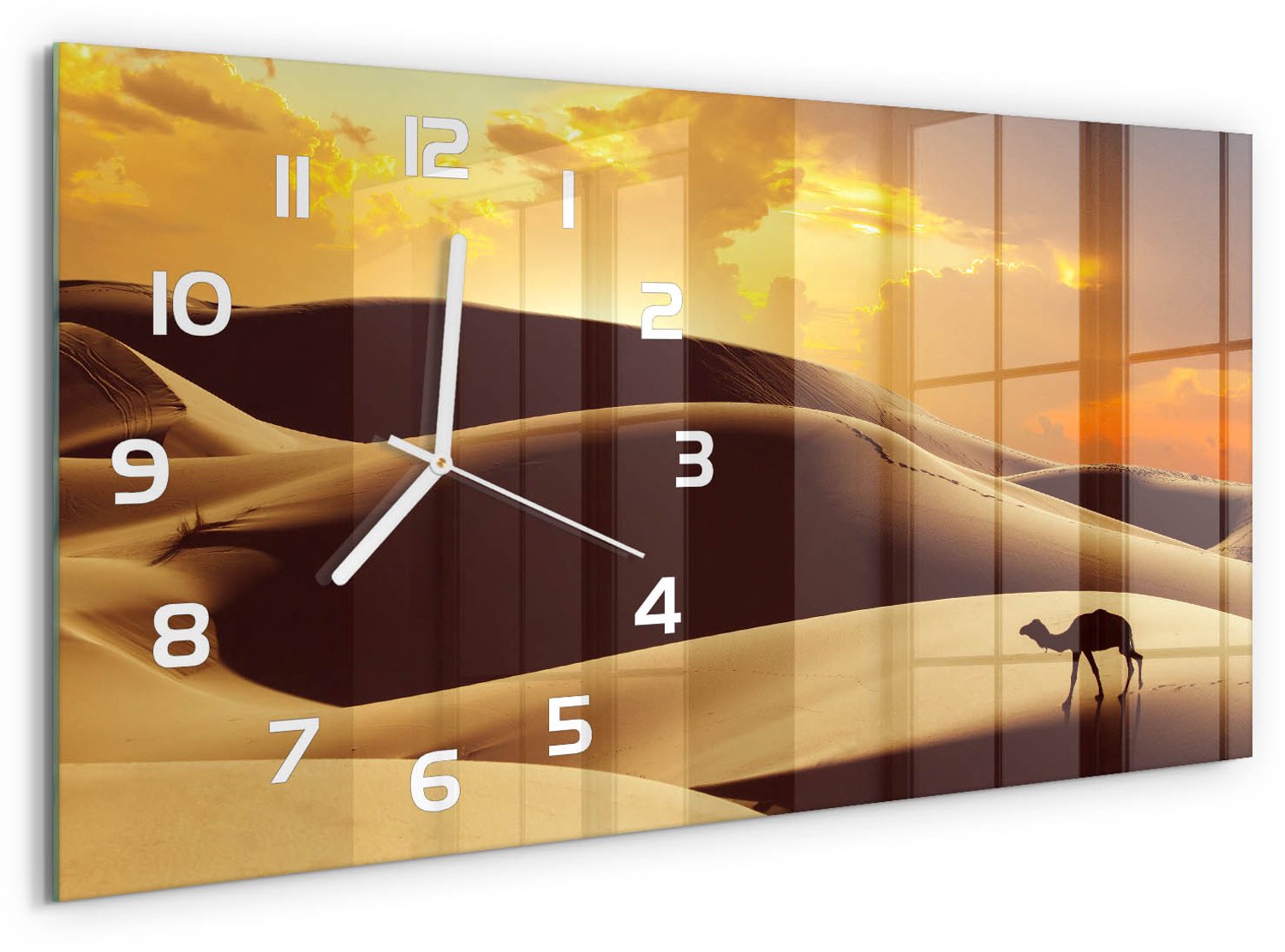 TULUP Wandklok - Sahara-kameel Glazen Klok Met Print - 60x30 cm - Oranje Wandklok Glas Met Motief - Witte handen - Rechthoekige Klok - Wandklok Glas Decoratie - Gekleurde Glazen Klok
