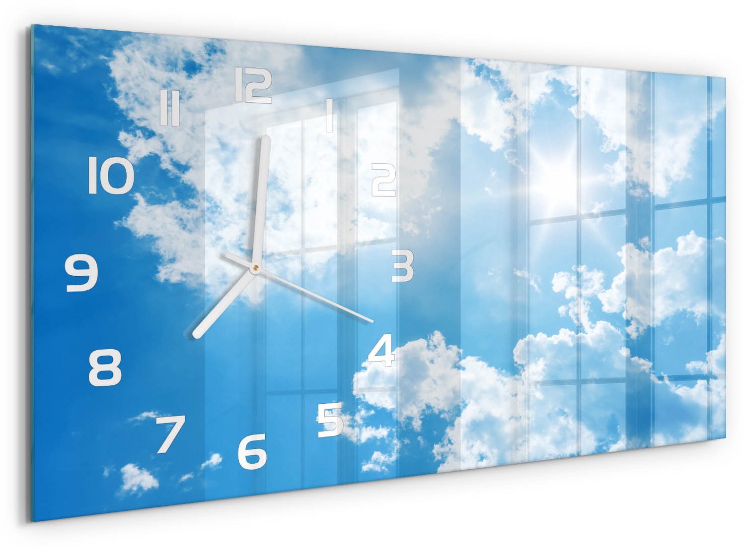 TULUP Wandklok - Wolken aan de hemel Glazen Wandklok Design - 60x30 cm - Blauw Klok Glas Met Opdruk - Witte handen - Rechthoekige Klok - Wandklok Glas Met Motief - Decoratieve Glazen Klok