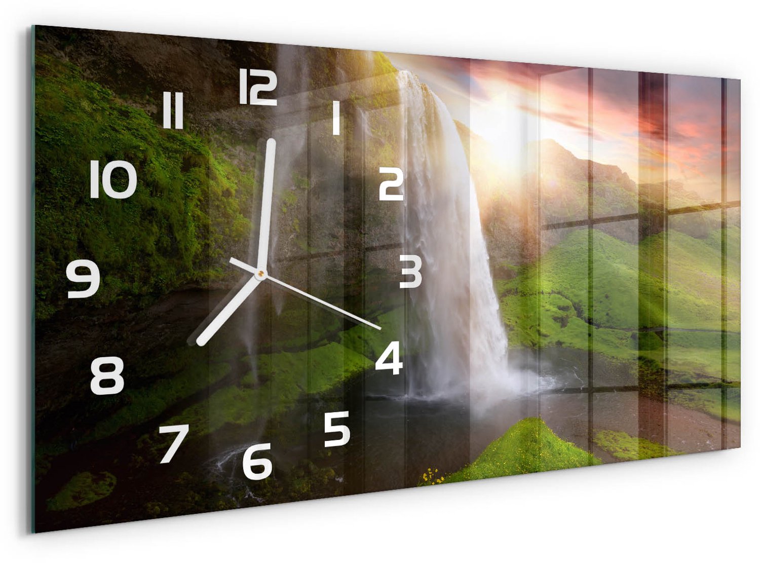 TULUP Wandklok - Waterval Decoratieve Glazen Klok - 60x30 cm - Groente Glazen Wandklok Design - Witte handen - Rechthoekige Klok - Glazen Klok Met Print - Wandklok Glas Met Motief
