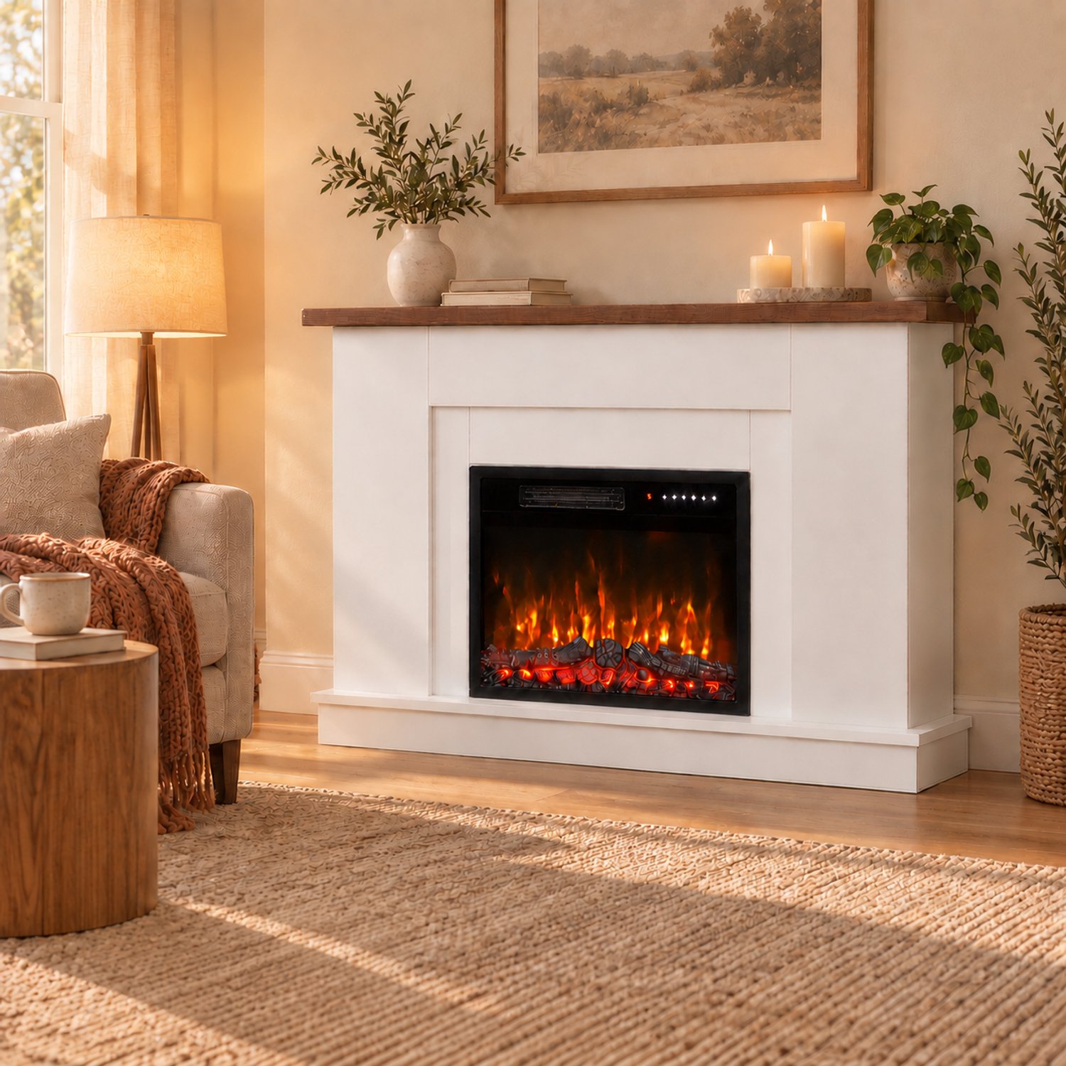HOMAVO elektrische haard met schouwkast, 23 inch, verwarming 1000/2000 W, 3D-vlameffect in 7 kleuren, timer en afstandsbediening