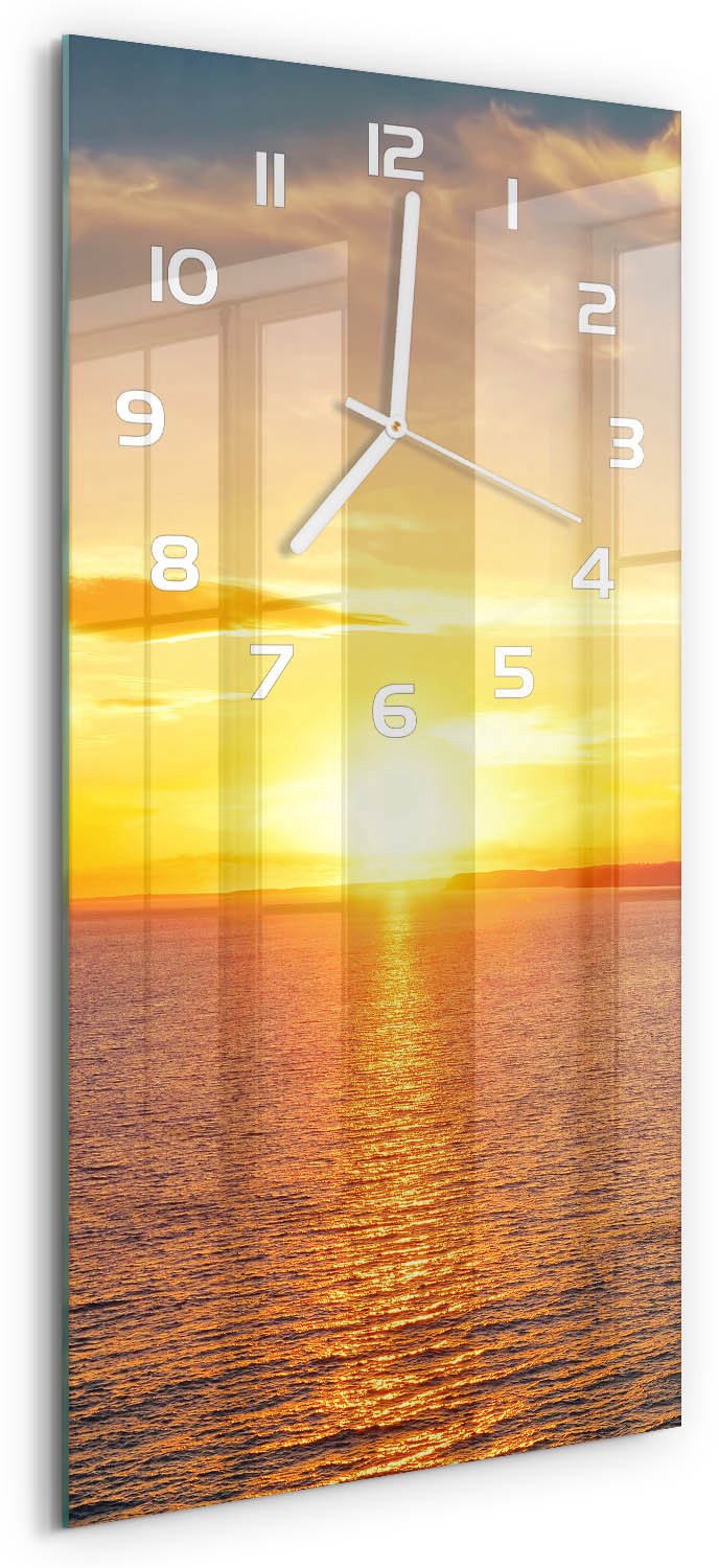 Tulup Wandklok - Zonsondergang Zee Glazen Wandklok Design - 30x60 cm - Geel Klok Glas Met Opdruk - Witte handen - Rechthoekige Klok - Wandklok Glas Met Motief - Decoratieve Glazen Klok