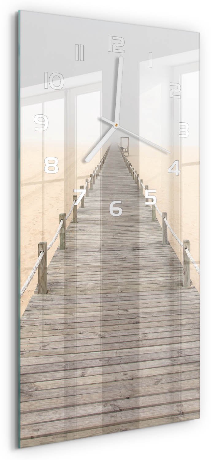 Tulup Wandklok - Strandpad Klok Glas Met Opdruk - 30x60 cm - Beige Moderne Wandklok Glas - Witte handen - Rechthoekige Klok - Decoratieve Glazen Klok - Glazen Wandklok Design