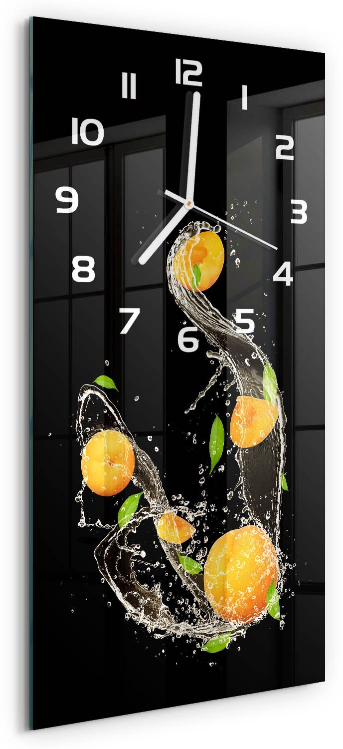 Tulup Wandklok - Abrikozen en water Glazen Wandklok Design - 30x60 cm - Oranje Klok Glas Met Opdruk - Witte handen - Rechthoekige Klok - Wandklok Glas Met Motief - Decoratieve Glazen Klok