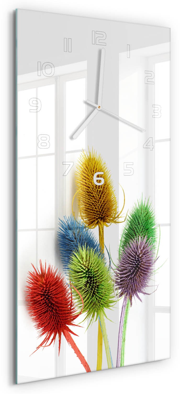 Tulup Wandklok - Distel Wandklok Glas Met Motief - 30x60 cm - Veelkleurig Decoratieve Glazen Klok - Witte handen - Rechthoekige Klok - Gekleurde Glazen Klok - Glazen Klok Met Print