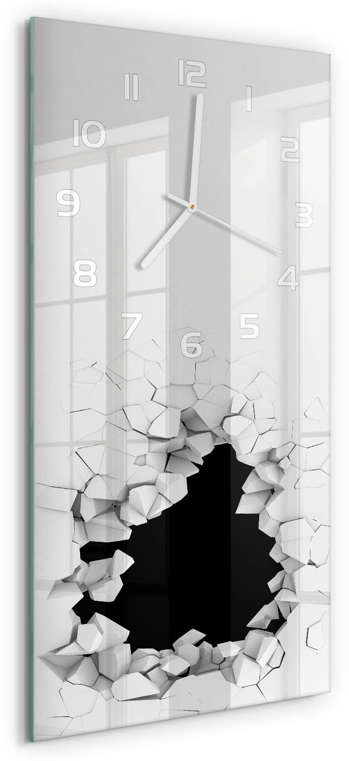 Tulup Wandklok - Gat in de muur Glazen Klok Met Print - 30x60 cm - Wit Wandklok Glas Met Motief - Witte handen - Rechthoekige Klok - Wandklok Glas Decoratie - Gekleurde Glazen Klok