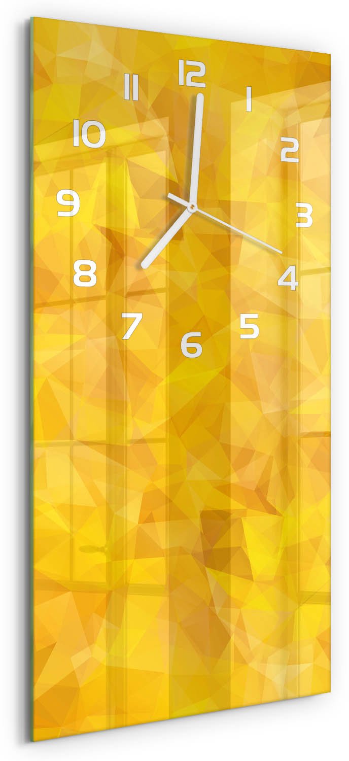 Tulup Wandklok - Driehoeken van abstractie Wandklok Glas Decoratie - 30x60 cm - Geel Gekleurde Glazen Klok - Witte handen - Rechthoekige Klok - Klok Glas Met Opdruk - Moderne Wandklok Glas