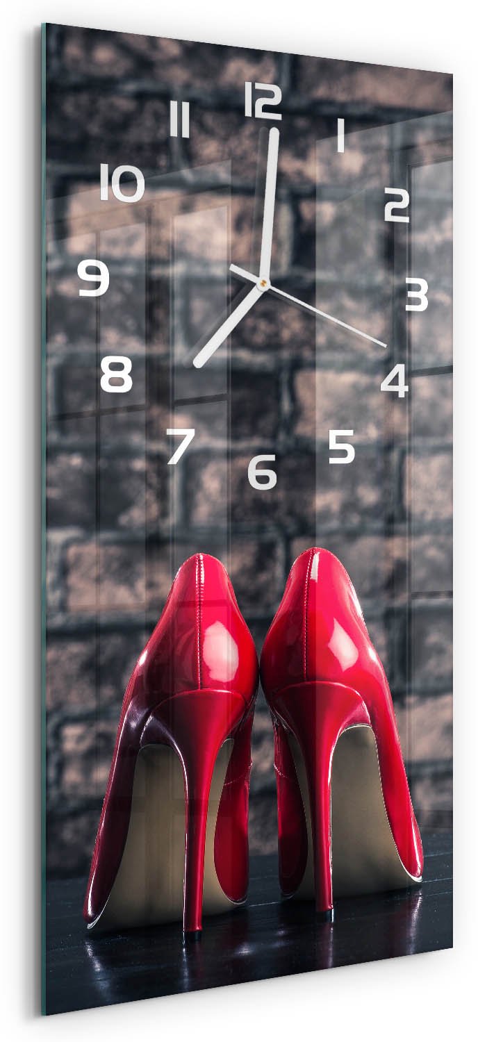 Tulup Wandklok - Rode hoge hakken Wandklok Glas Decoratie - 30x60 cm - Rood Gekleurde Glazen Klok - Witte handen - Rechthoekige Klok - Klok Glas Met Opdruk - Moderne Wandklok Glas