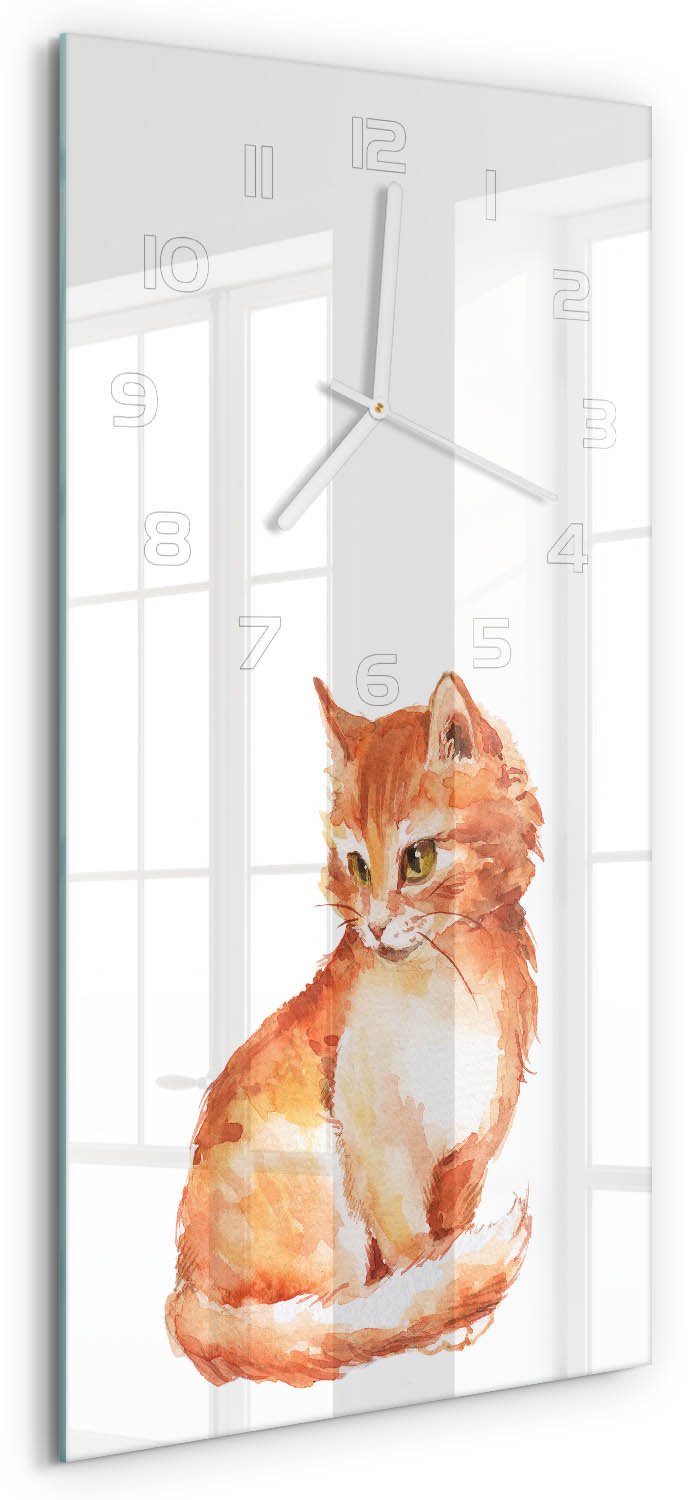 Tulup Wandklok - Rode Kat Glazen Wandklok Design - 30x60 cm - Oranje Klok Glas Met Opdruk - Witte handen - Rechthoekige Klok - Wandklok Glas Met Motief - Decoratieve Glazen Klok