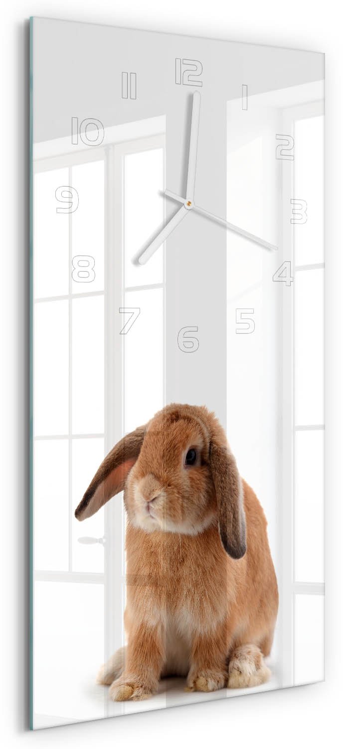 Tulup Wandklok - Rode Konijn Wandklok Glas Decoratie - 30x60 cm - Oranje Gekleurde Glazen Klok - Witte handen - Rechthoekige Klok - Klok Glas Met Opdruk - Moderne Wandklok Glas