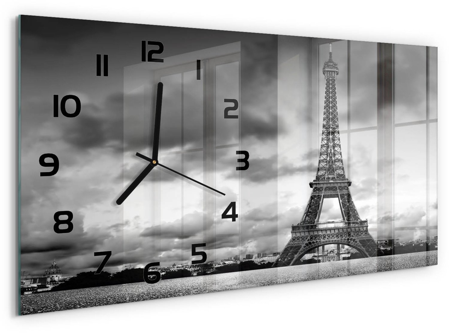 TULUP Wandklok - Eiffeltoren Parijs Wandklok Glas Decoratie - 60x30 cm - Zwart-wit Gekleurde Glazen Klok - Zwarte handen - Rechthoekige Klok - Klok Glas Met Opdruk - Moderne Wandklok Glas