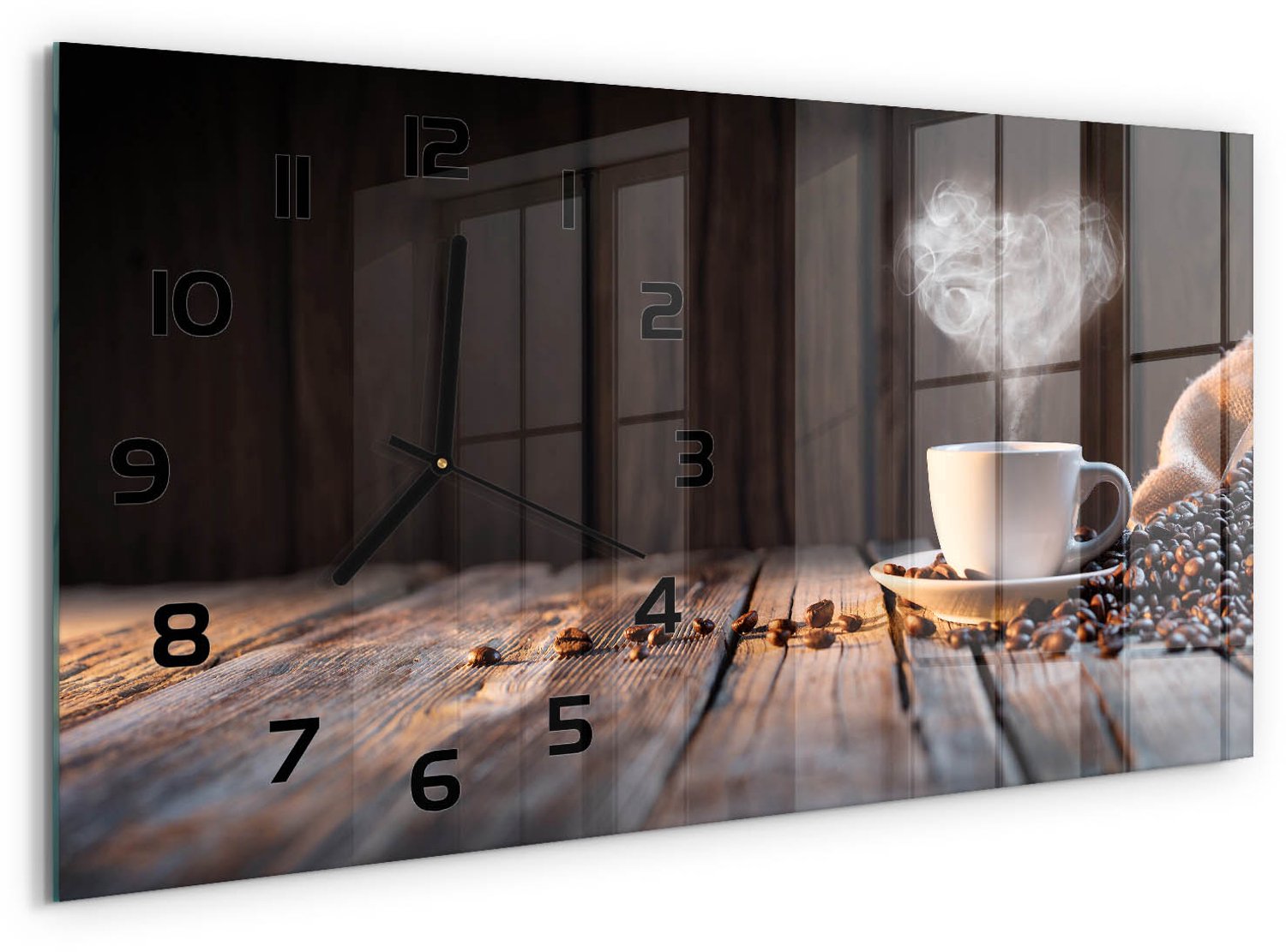 TULUP Wandklok - Kopje koffie Glazen Wandklok Design - 60x30 cm - Bruin Klok Glas Met Opdruk - Zwarte handen - Rechthoekige Klok - Wandklok Glas Met Motief - Decoratieve Glazen Klok