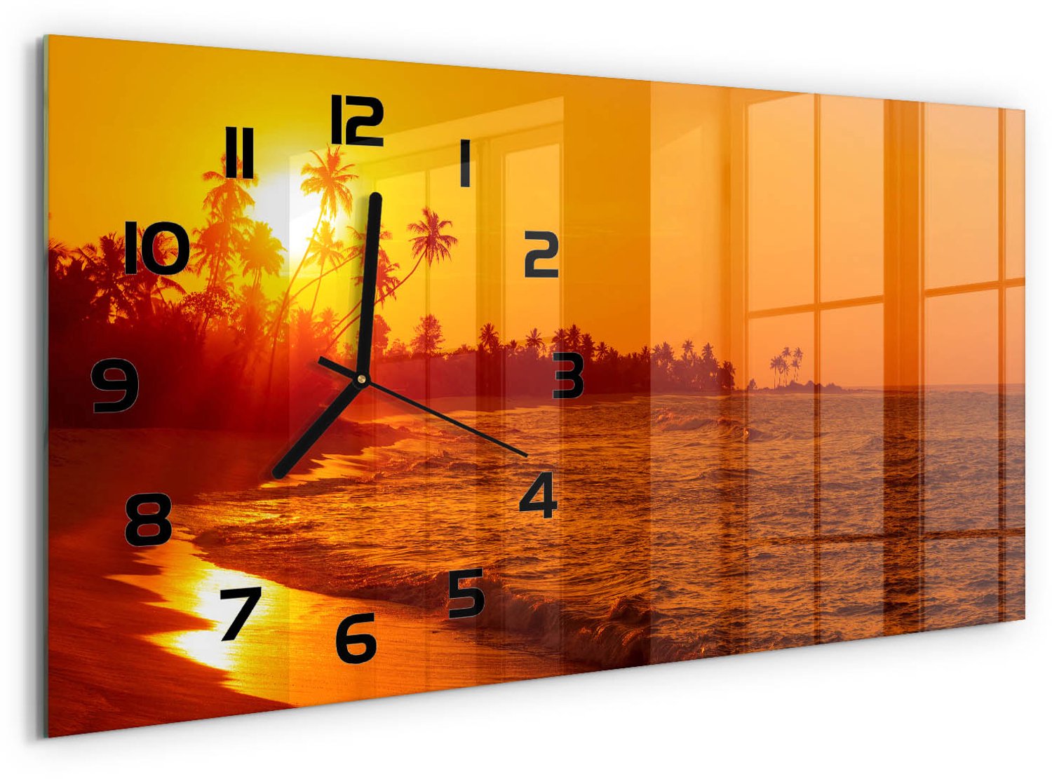TULUP Wandklok - Tropisch strand Gekleurde Glazen Klok - 60x30 cm - Oranje Glazen Klok Met Print - Zwarte handen - Rechthoekige Klok - Moderne Wandklok Glas - Wandklok Glas Decoratie