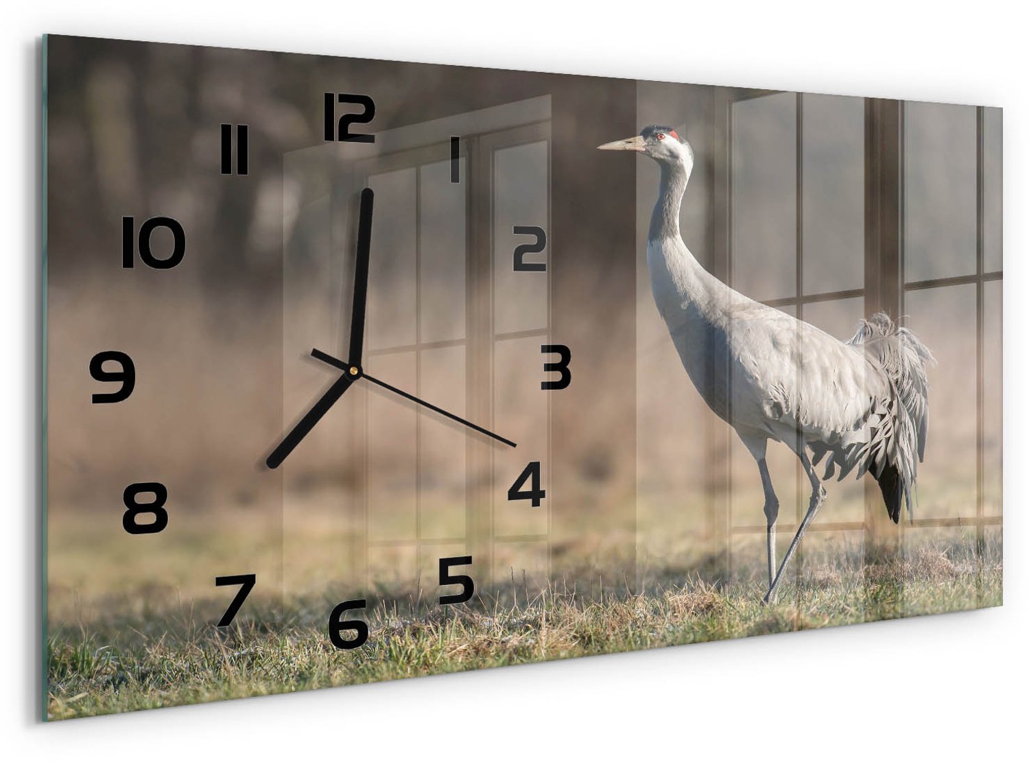 TULUP Wandklok - Reiger Glazen Wandklok Design - 60x30 cm - Beige Klok Glas Met Opdruk - Zwarte handen - Rechthoekige Klok - Wandklok Glas Met Motief - Decoratieve Glazen Klok