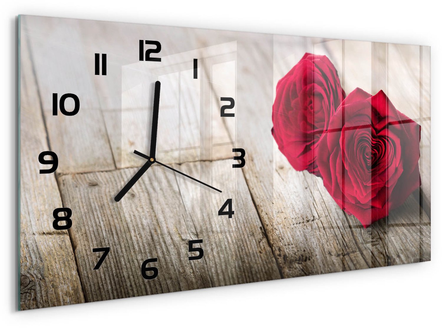 TULUP Wandklok - Rozen op hout Gekleurde Glazen Klok - 60x30 cm - Rood Glazen Klok Met Print - Zwarte handen - Rechthoekige Klok - Moderne Wandklok Glas - Wandklok Glas Decoratie