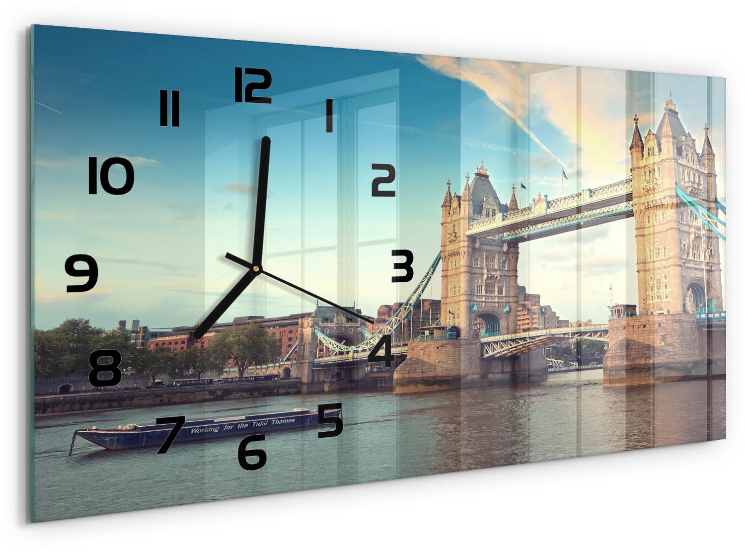 TULUP Wandklok - Tower Bridge Londen Decoratieve Glazen Klok - 60x30 cm - Blauw Glazen Wandklok Design - Zwarte handen - Rechthoekige Klok - Glazen Klok Met Print - Wandklok Glas Met Motief