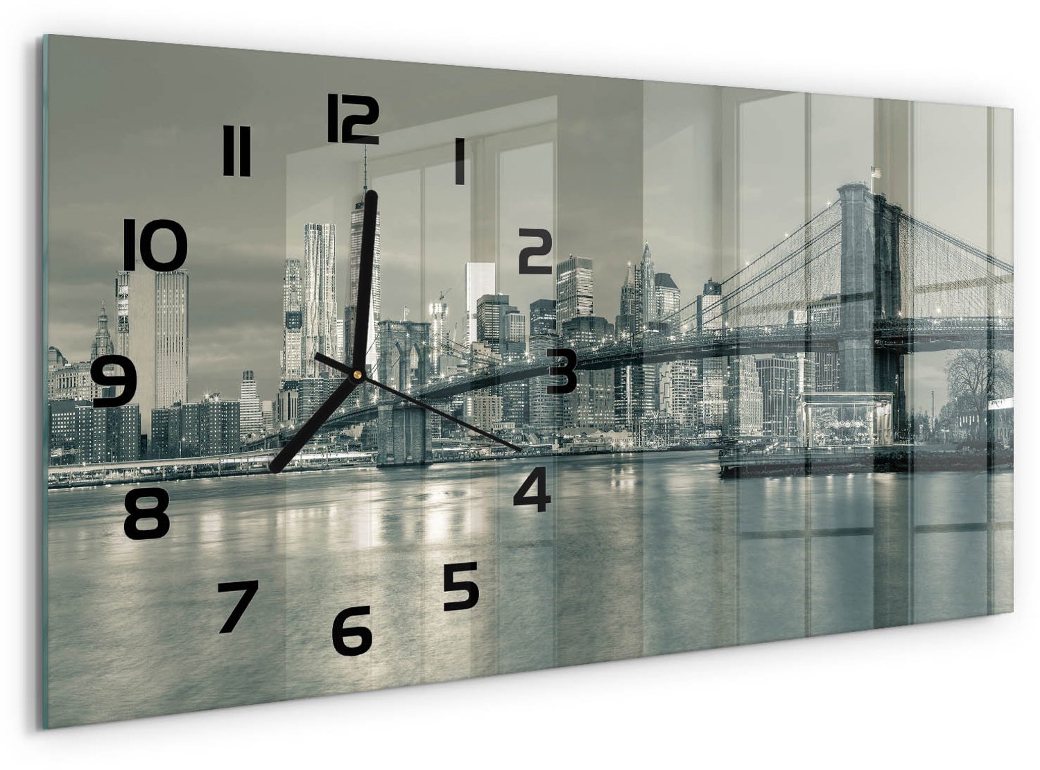 TULUP Wandklok - Manhattan, New York Decoratieve Glazen Klok - 60x30 cm - Zwart-wit Glazen Wandklok Design - Zwarte handen - Rechthoekige Klok - Glazen Klok Met Print - Wandklok Glas Met Motief