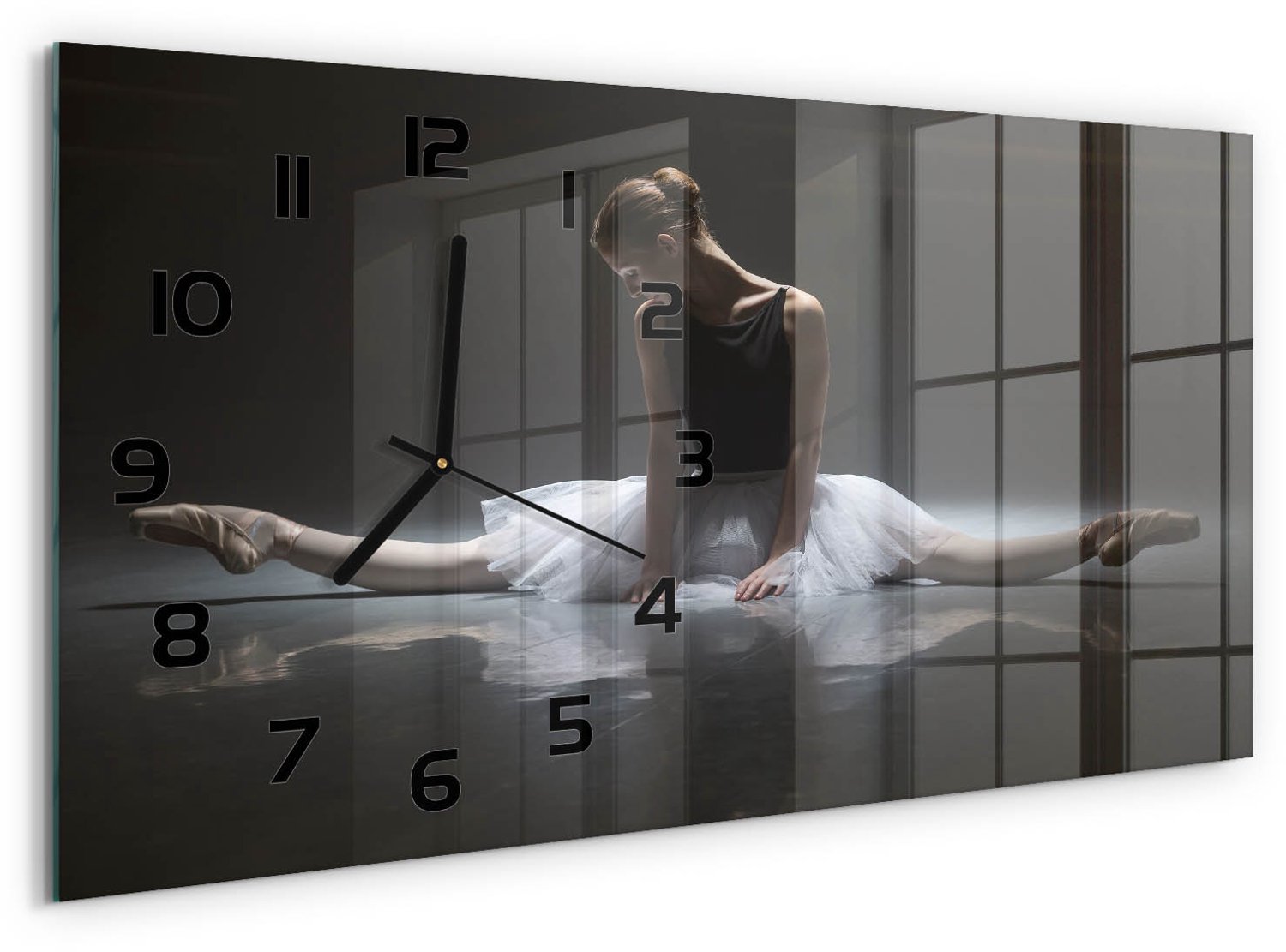 TULUP Wandklok - Ballerina Gekleurde Glazen Klok - 60x30 cm - Zwart Glazen Klok Met Print - Zwarte handen - Rechthoekige Klok - Moderne Wandklok Glas - Wandklok Glas Decoratie