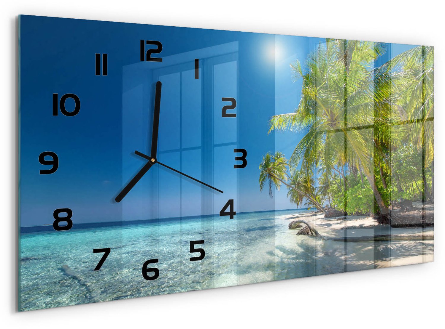 TULUP Wandklok - Strand van de Malediven Decoratieve Glazen Klok - 60x30 cm - Blauw Glazen Wandklok Design - Zwarte handen - Rechthoekige Klok - Glazen Klok Met Print - Wandklok Glas Met Motief