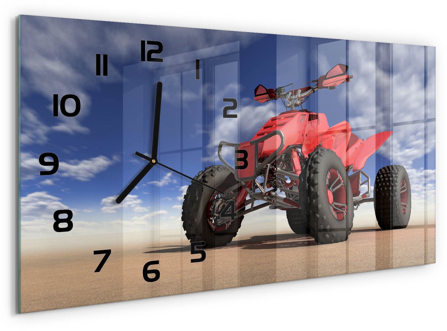 TULUP Wandklok - Quadrijden in de woestijn Gekleurde Glazen Klok - 60x30 cm - Rood Glazen Klok Met Print - Zwarte handen - Rechthoekige Klok - Moderne Wandklok Glas - Wandklok Glas Decoratie
