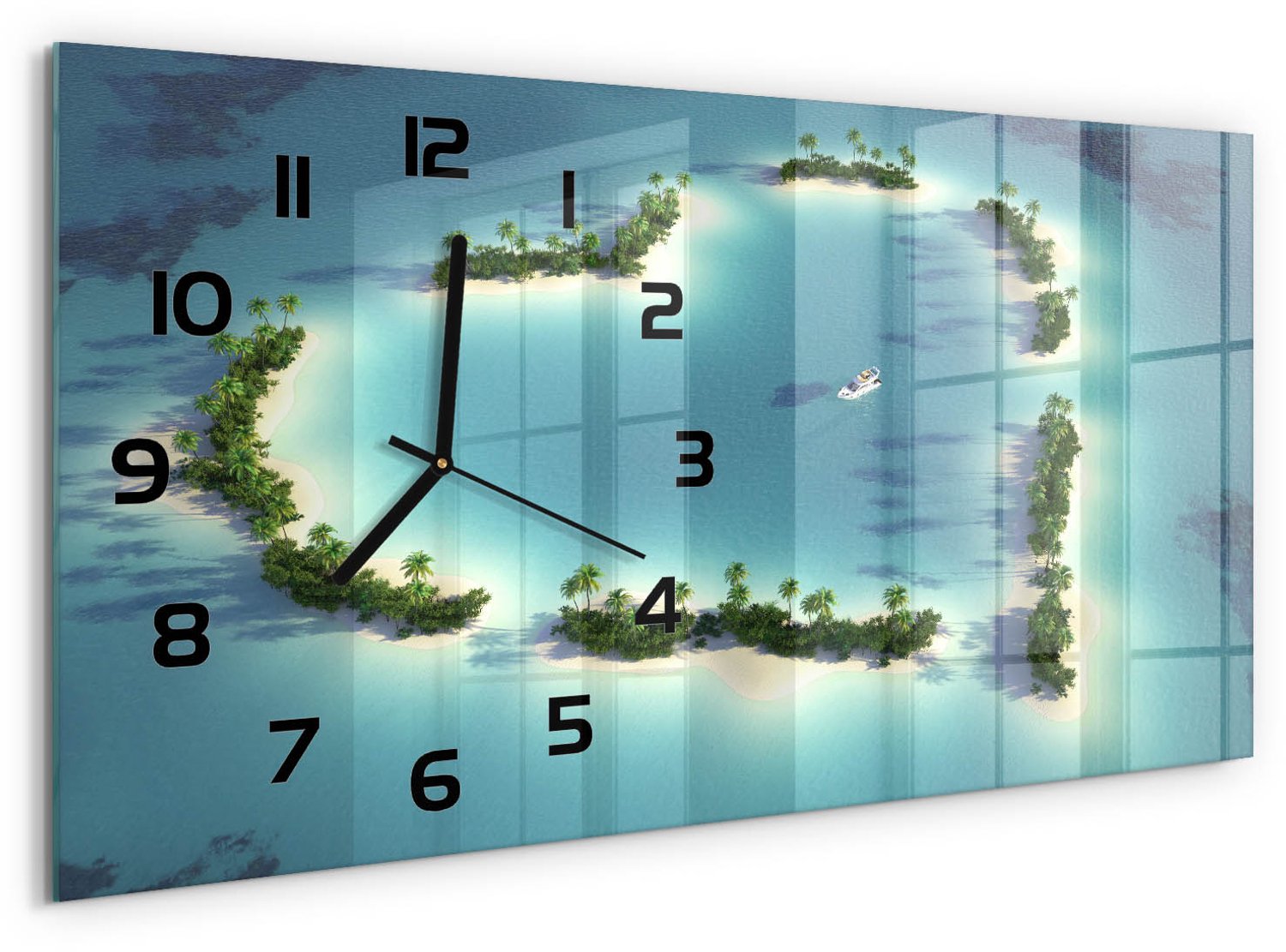 TULUP Wandklok - Hartvormige eilanden Klok Glas Met Opdruk - 60x30 cm - Blauw Moderne Wandklok Glas - Zwarte handen - Rechthoekige Klok - Decoratieve Glazen Klok - Glazen Wandklok Design
