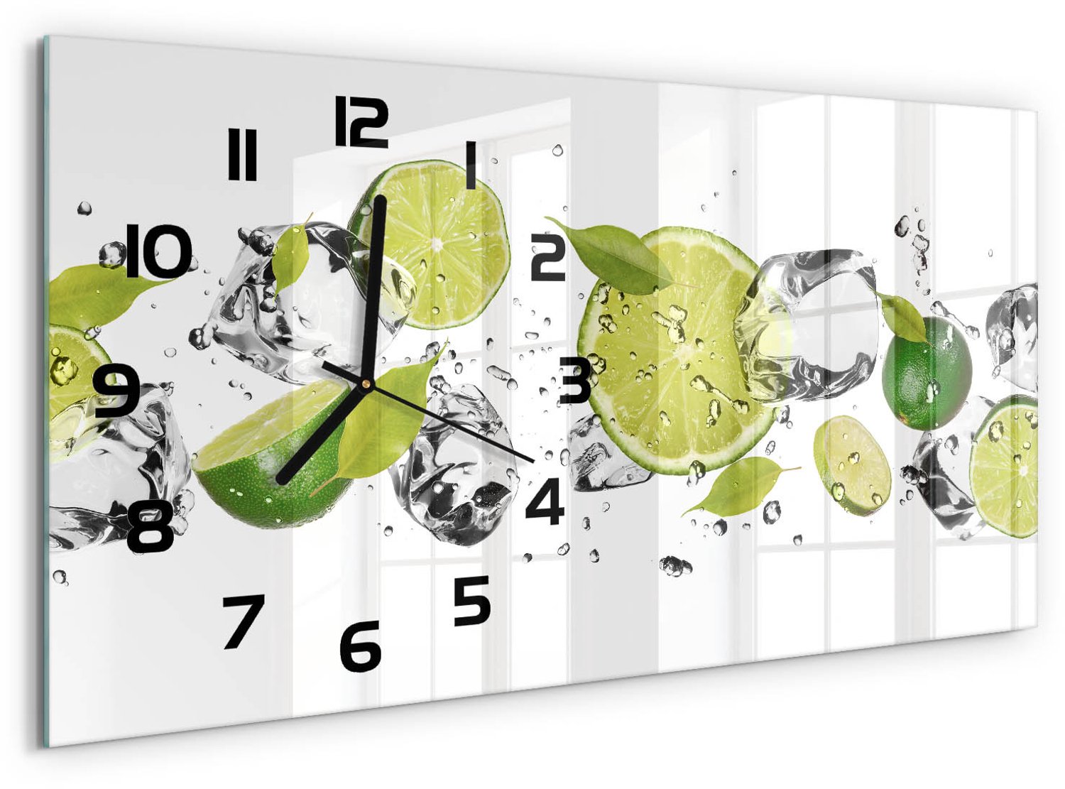 TULUP Wandklok - Kalk en water Glazen Klok Met Print - 60x30 cm - Groente Wandklok Glas Met Motief - Zwarte handen - Rechthoekige Klok - Wandklok Glas Decoratie - Gekleurde Glazen Klok