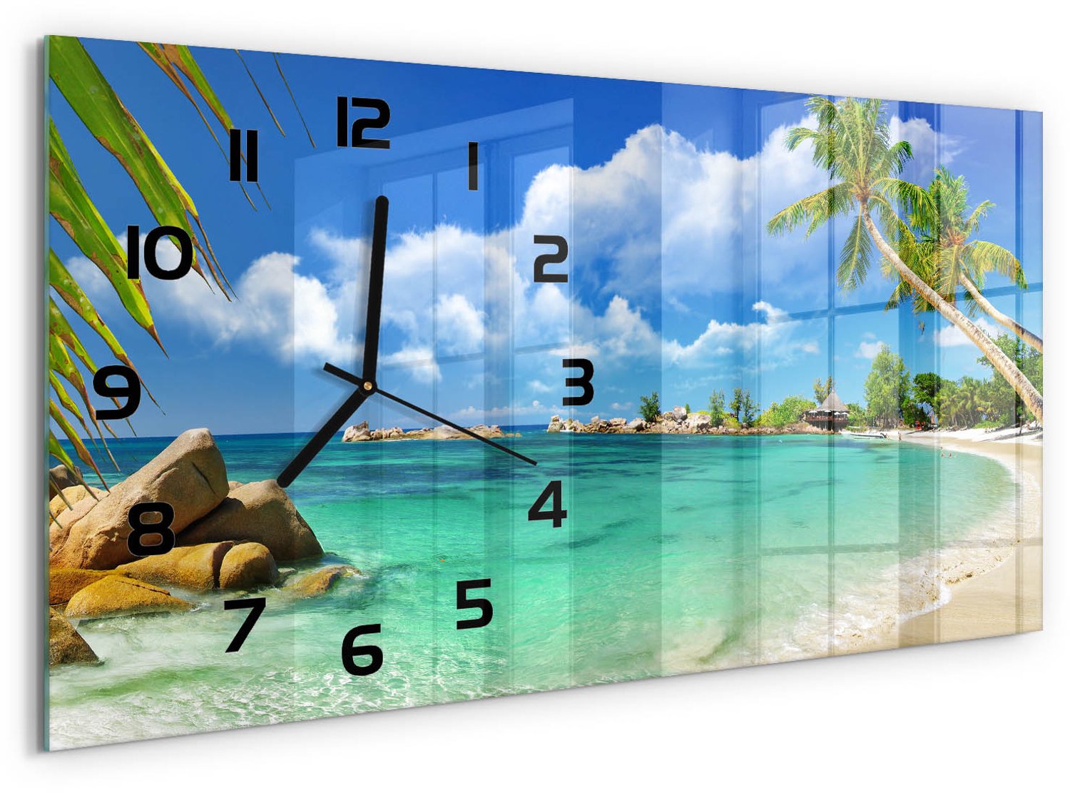 TULUP Wandklok - strand op de Seychellen Klok Glas Met Opdruk - 60x30 cm - Blauw Moderne Wandklok Glas - Zwarte handen - Rechthoekige Klok - Decoratieve Glazen Klok - Glazen Wandklok Design