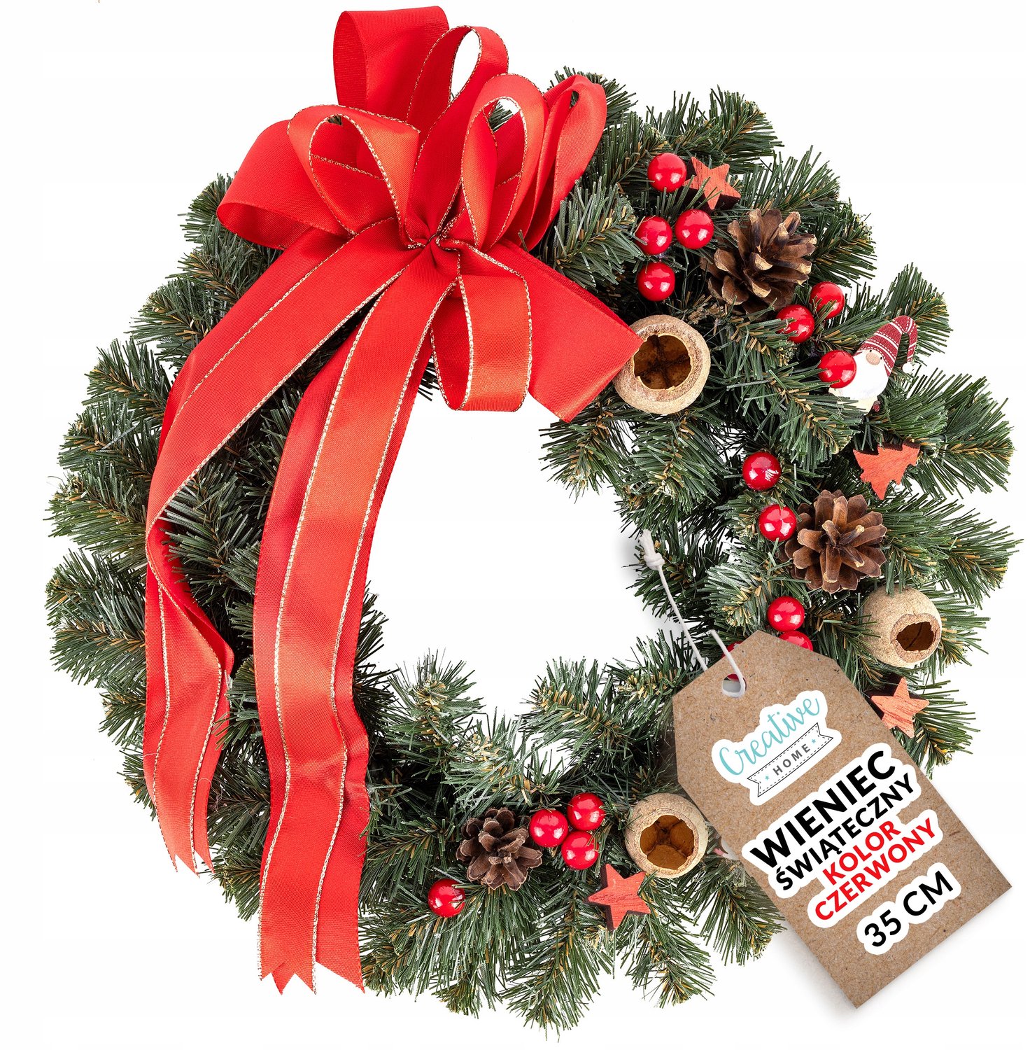 Kerstkrans Decoratie 35cm - Kunstgroen met Rode Accenten