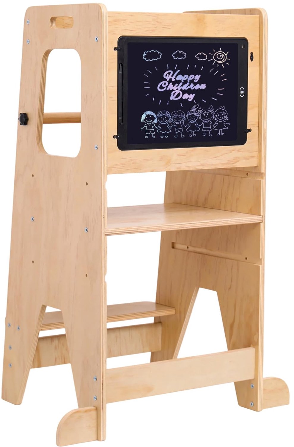 Leertoren Hoogte Verstelbaar Berkenhout - Met Veiligheidsbeugel - Antislip Treden - Ingebouwd Schoolbord - voor Keuken & Bad - Naturel
