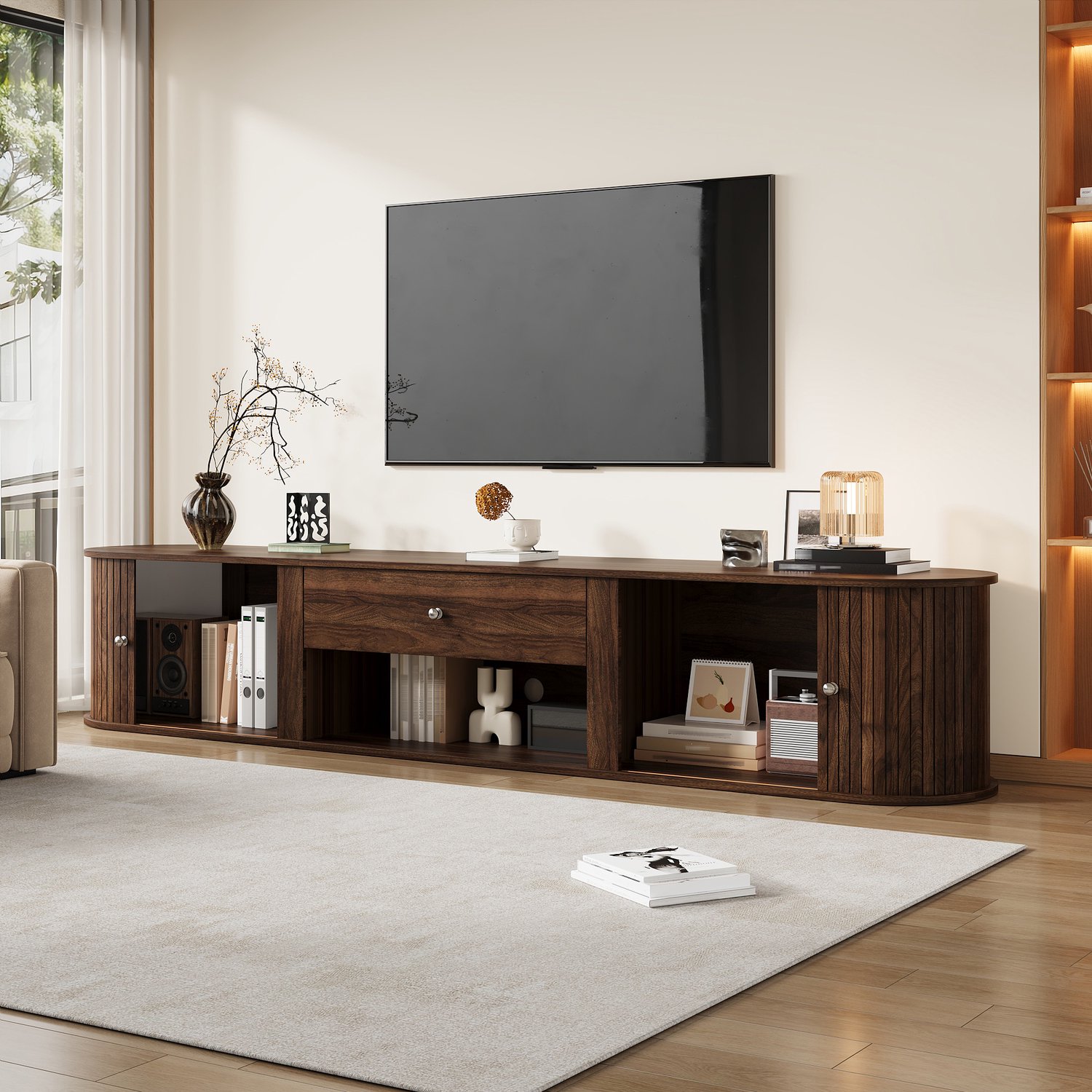 TV-meubel 180 cm voor 75 inch TV - TV-kast met 2 roldeuren, lade en open vak - walnootkleur