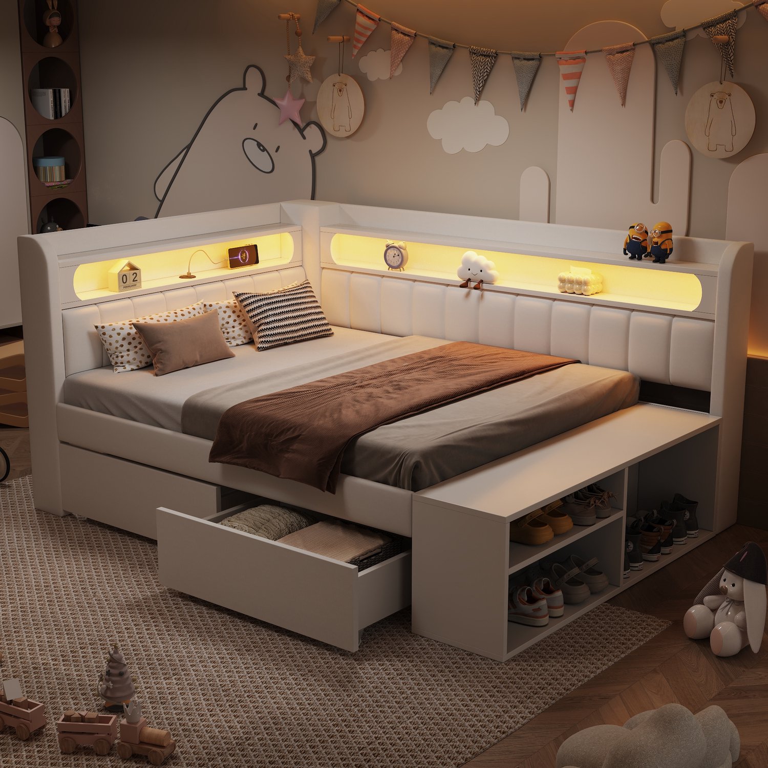 MUVANO Eenpersoonsbed 90x200 cm - gestoffeerd bedframe met LED-verlichting en USB-aansluiting - 2 lades en schoenenkast - wit - voor slaapkamer