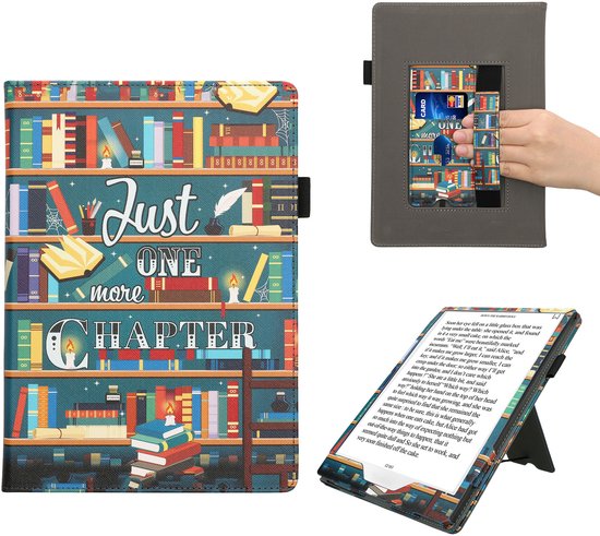 kwmobile e-reader hoesje geschikt voor Pocketbook InkPad One hoes - E reader flip case van kunstleer - Ereader cover met stand - bibliotheek design in meerkleurig — afbeelding 3