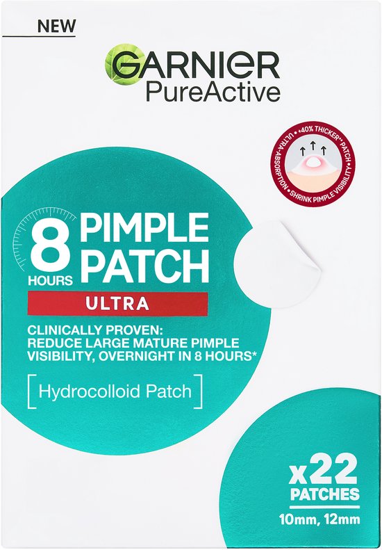 Garnier PureActive Pimple Patch Ultra - Vermindert grote rijpe puistjes zichtbaar - dikke hydrocolïde patch beschermt & absorbeert - 22 stuks