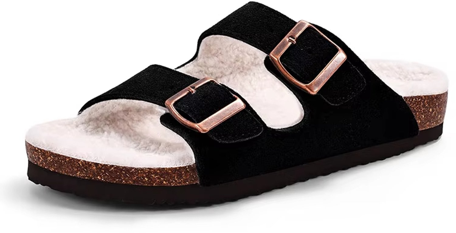 Homaxy- uniseks sandalen – suède – nep-lammy slippers – houten klompen – zwart - 39