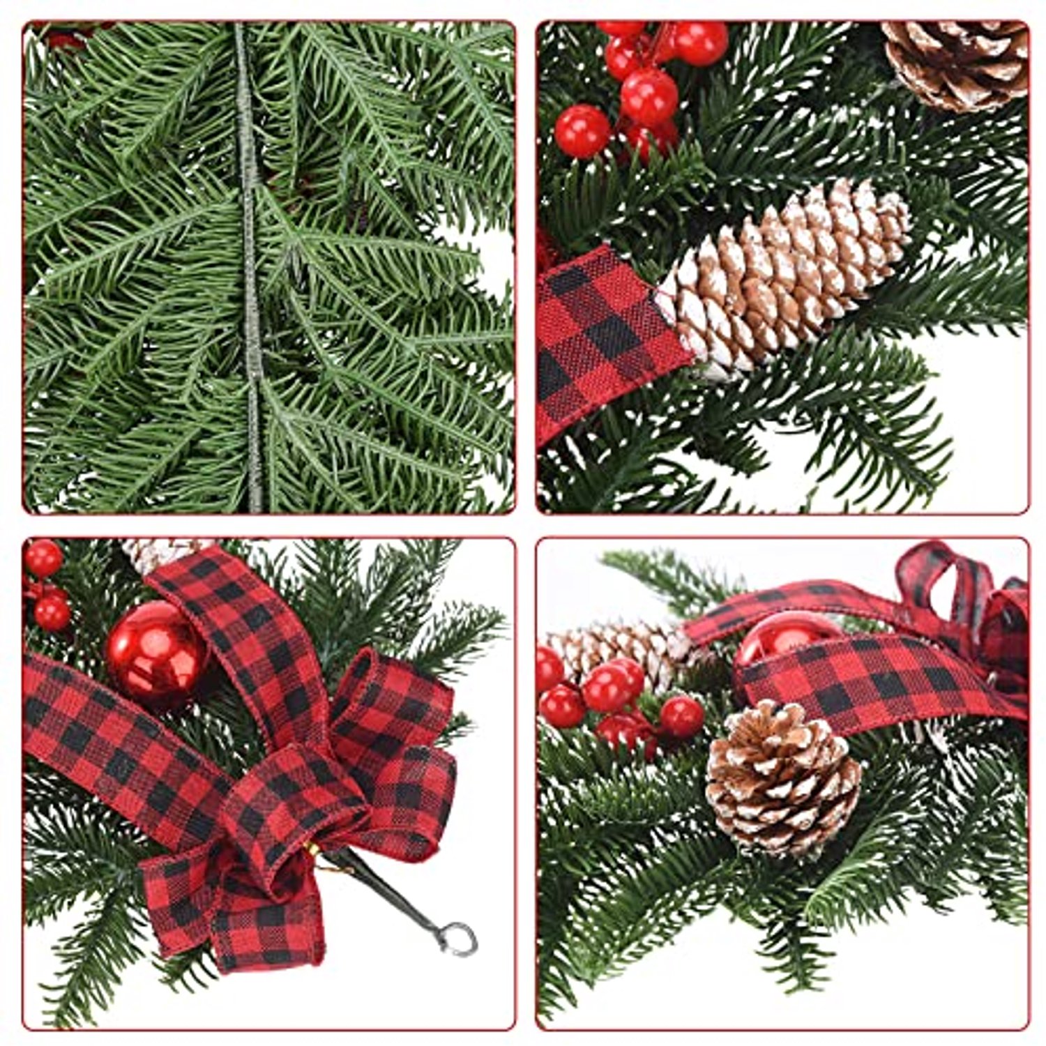 2 stuks Kerstkrans van dennennaalden met strik, dennenappels en rode ballen - 55cm - decoratieve kerstkransen voor binnen en buiten - Kunstmatige kerstversieringen voor aan de muur of deur – foto 4