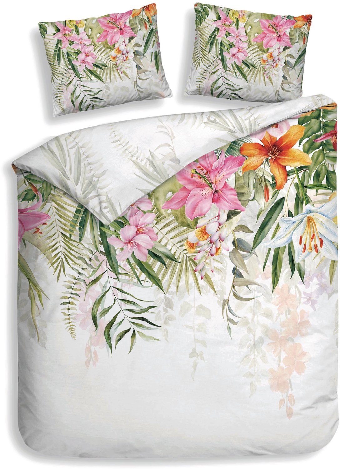 Heckettlane Dekbedovertrek Talia - Wit - Dekbedovertrek van 100% Katoen-Satijn - Bloemen - Dekbedovertrek 260x200-220 cm - Lits-Jumeaux XL - Palm Beach Talia White