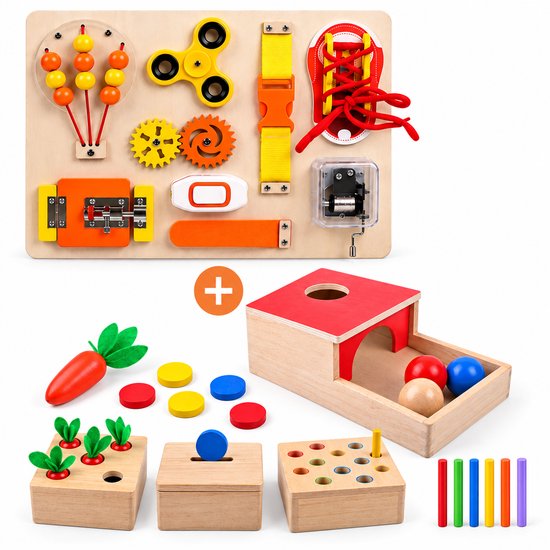 Montessori Speelgoed Set – Busy Board & 4-in-1 Vormenstoof
