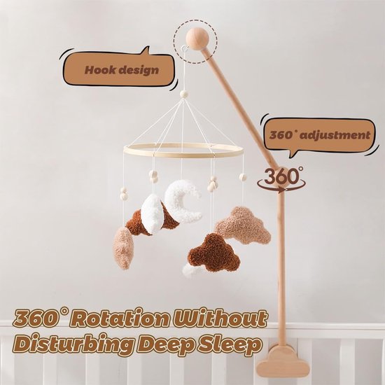 Mobiele babystandaard, wolken, in hoogte verstelbaar, houten houder voor baby's, voor het ophangen van windgongs en bedklokken (natuurlijke houtkleur) — afbeelding 2