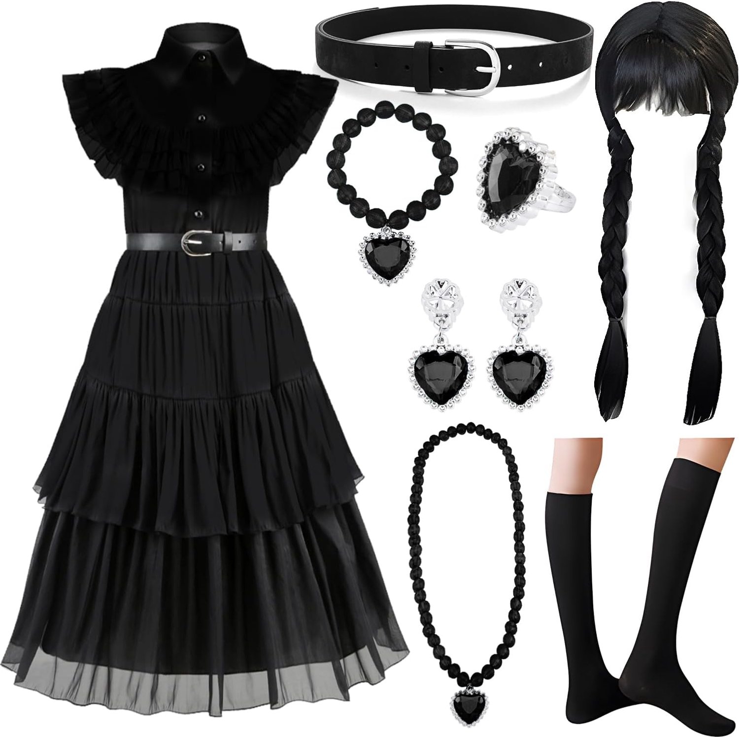 Halloweenkostuum voor kinderen, meisjes, 8 stuks, Halloween-kostuumjurk voor meisjes met pruik en sieradenaccessoires, Halloweenkostuum kinderen voor verjaardag, Halloween, carnaval, cosplay