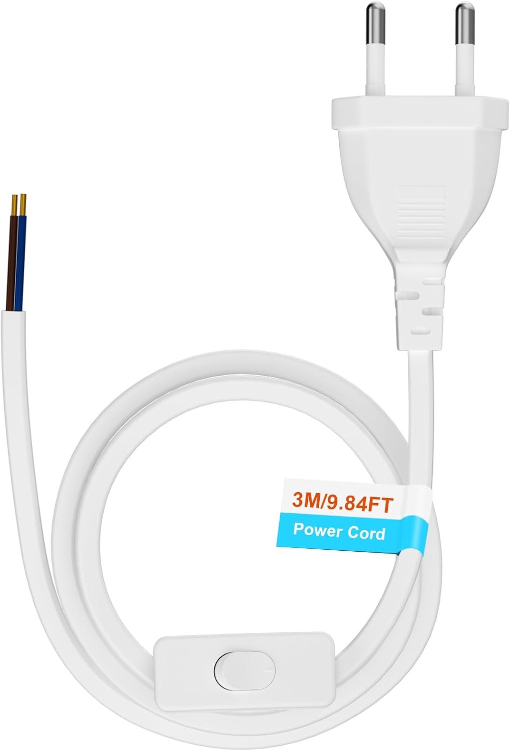 Euro-stroomkabel met schakelaar, lampkabel met schakelaar, 3 m, kabel met schakelaar, eurostekker, verlengkabel voor lampen en lampen thuis (250 V, wit)