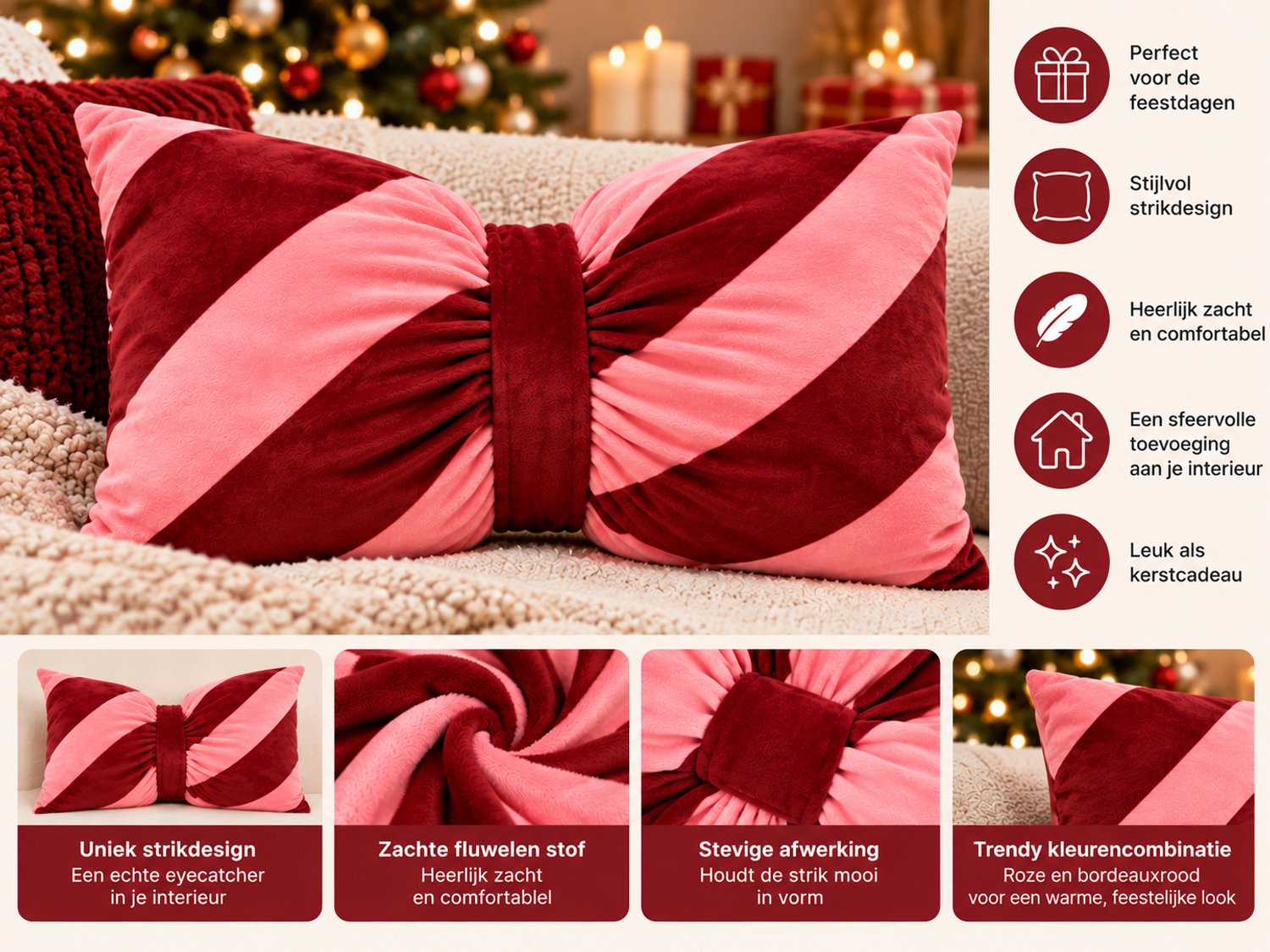 Kerst Sierkussen Strik – Roze/Bordeauxrood – Zacht Fluwelen Decoratiekussen – Candy Cane Design – Kerstkussen voor Bank en Bed – Kerstdecoratie – foto 3
